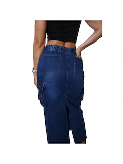 Foto 3 | Falda Larga De Mezclilla Stretch Con Bolsas Tipo Cargo Para Dama Marino Pineda Jeans