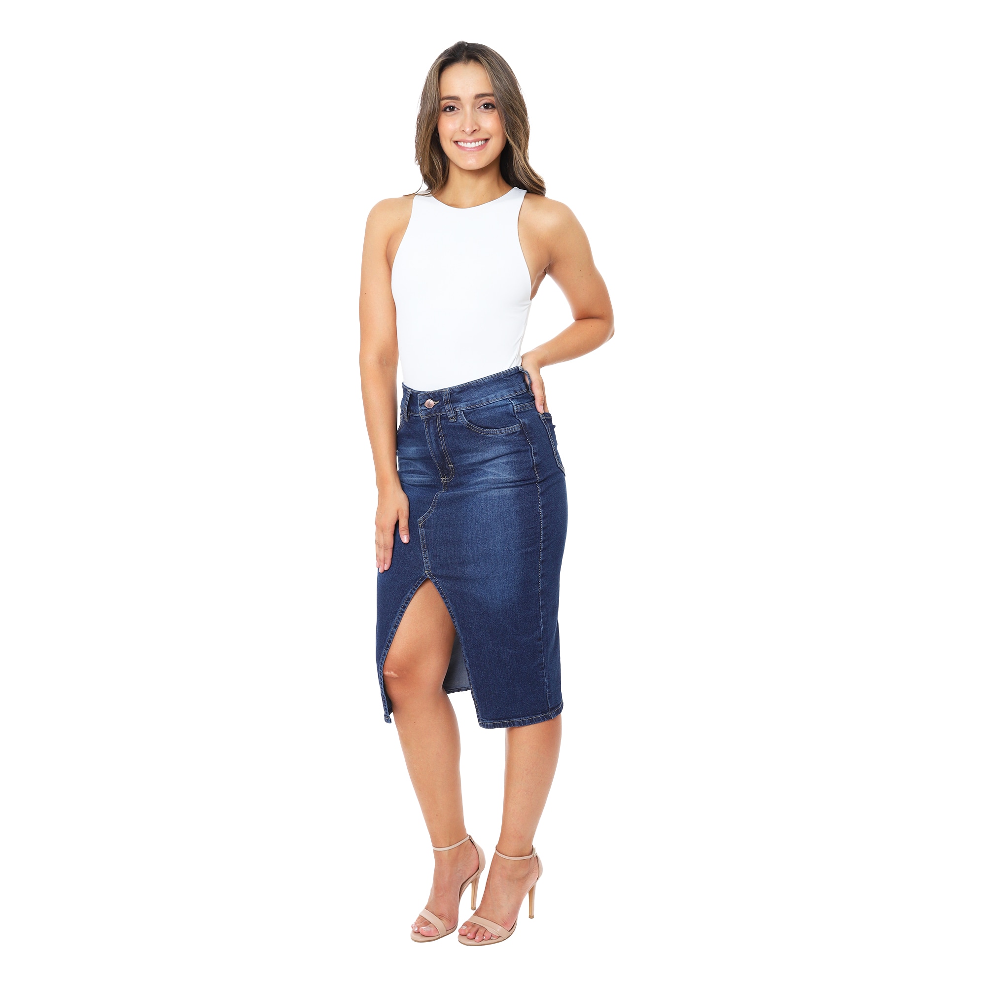 Falda Larga Recta Abierta De Adelante Split Skirt Mezclilla Stretch Para Dama Pineda Jeans Color Stone,Size 13