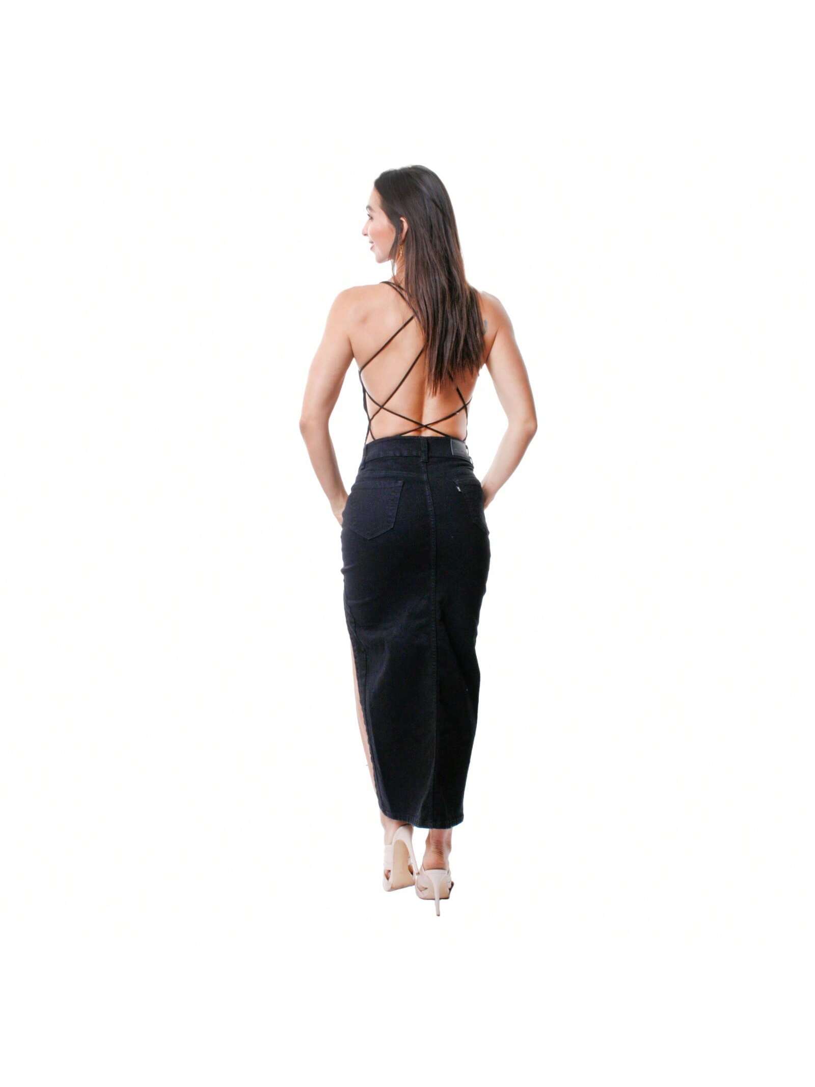 Foto 6 | Falda Larga Mezclilla Rigida Con Abertura En La Pierna Para Dama Pineda Jeans Negro