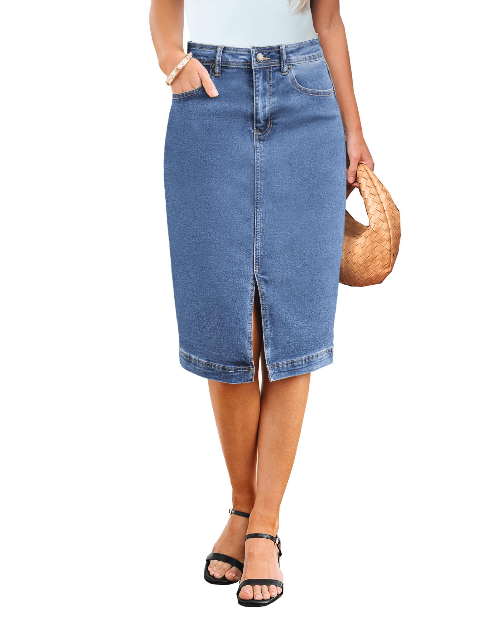 Falda Vaquera Luvamia Elástica Hasta La Rodilla Para Mujer, Azul Medio - Venta Internacional.