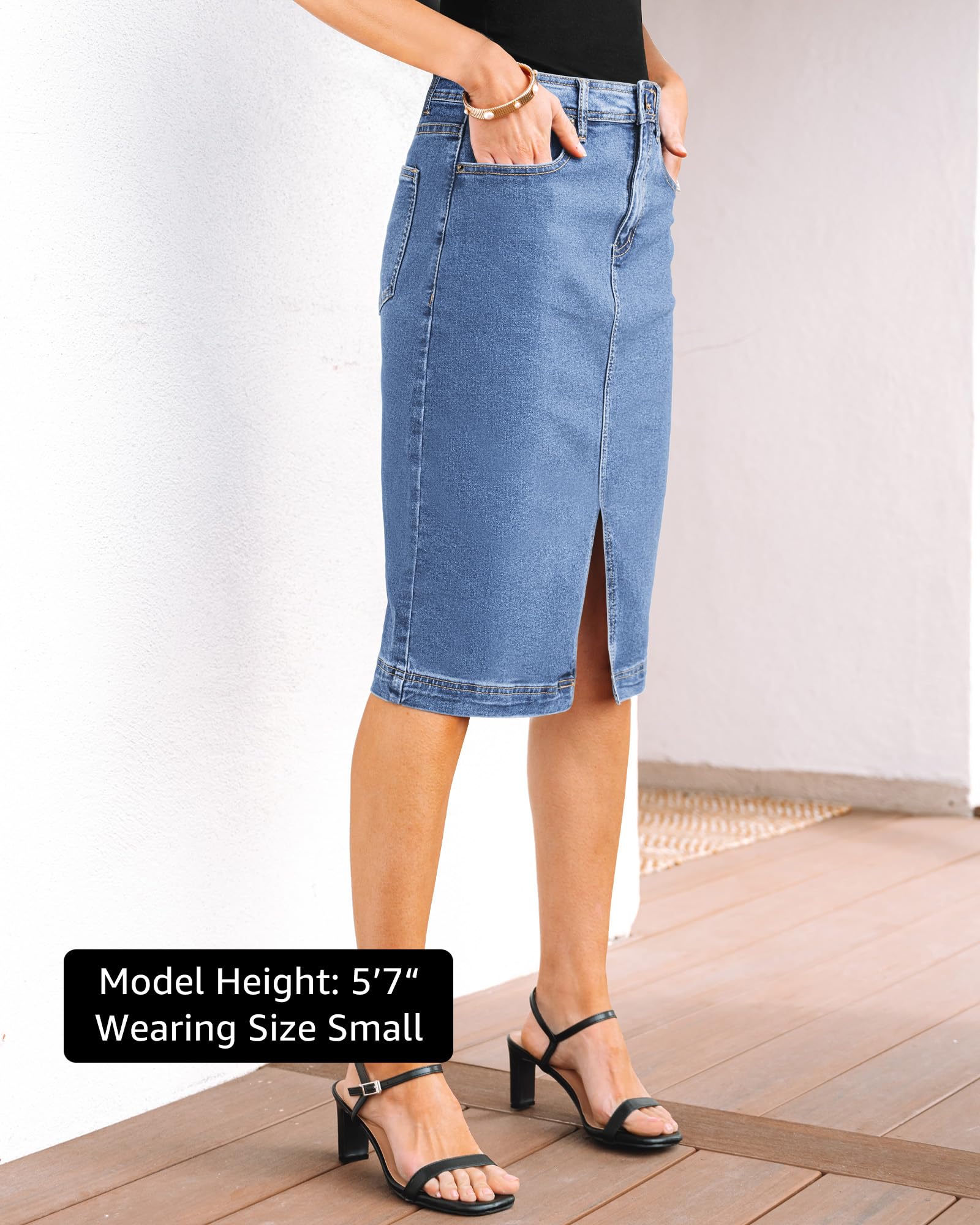 Foto 3 pulgar | Falda Vaquera Luvamia Elástica Hasta La Rodilla Para Mujer, Azul Medio - Venta Internacional.