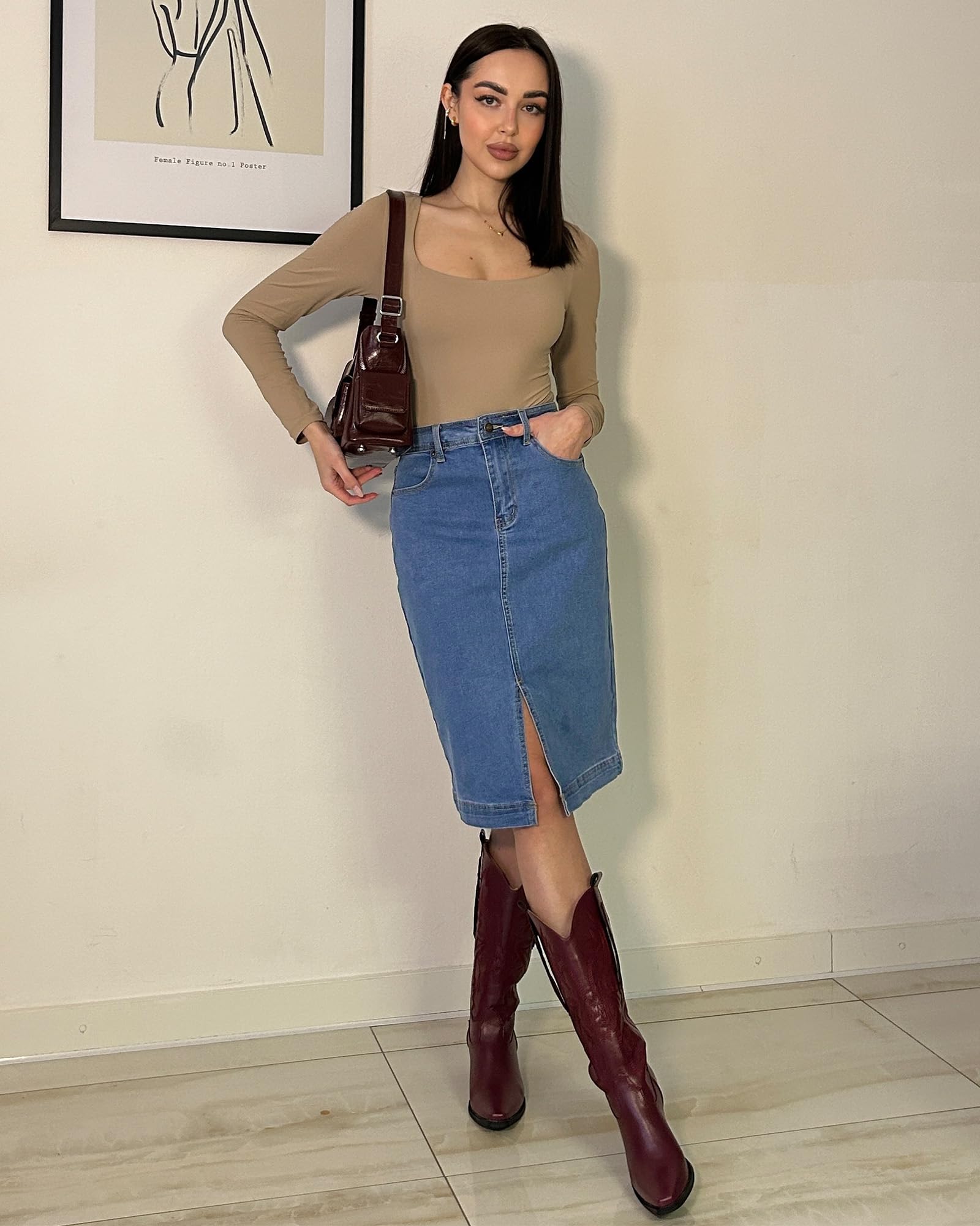 Foto 3 | Falda Vaquera Luvamia Elástica Hasta La Rodilla Para Mujer, Azul Medio - Venta Internacional.