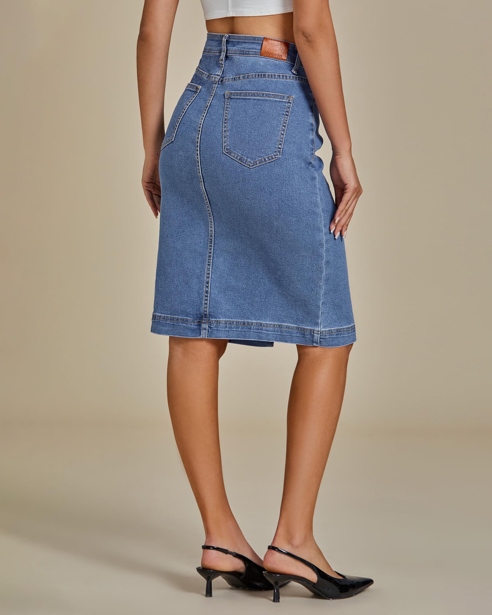 Foto 6 | Falda Vaquera Luvamia Elástica Hasta La Rodilla Para Mujer, Azul Medio - Venta Internacional.