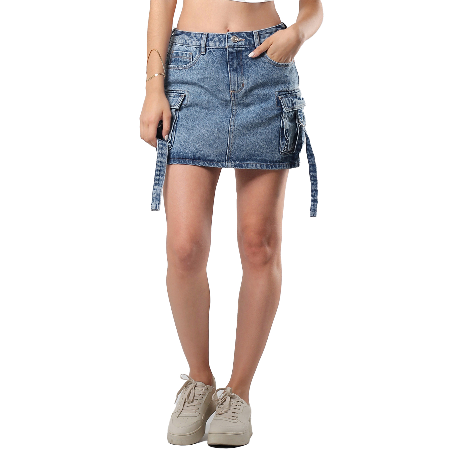 Falda Cargo Mujer Mezclilla Tiro Medio Bolsas Traseras Azul