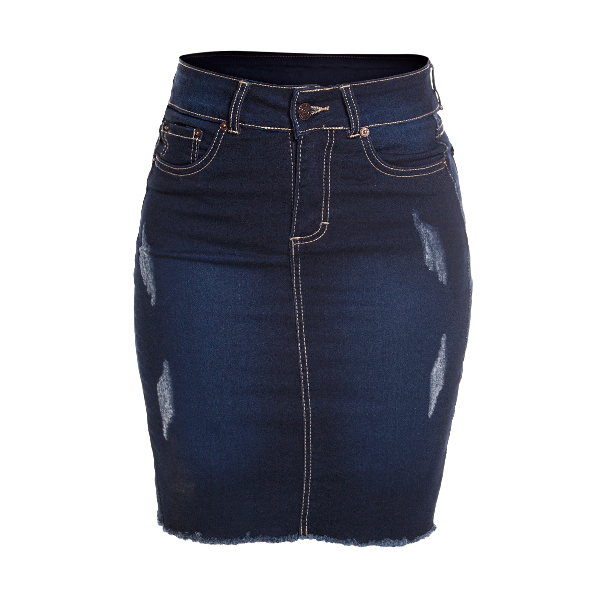 Falda De Mezclilla Stretch Para Mujer A La Rodilla 3/4 Detalles De Desgastado Pineda Jeans Azul Oscuro $340