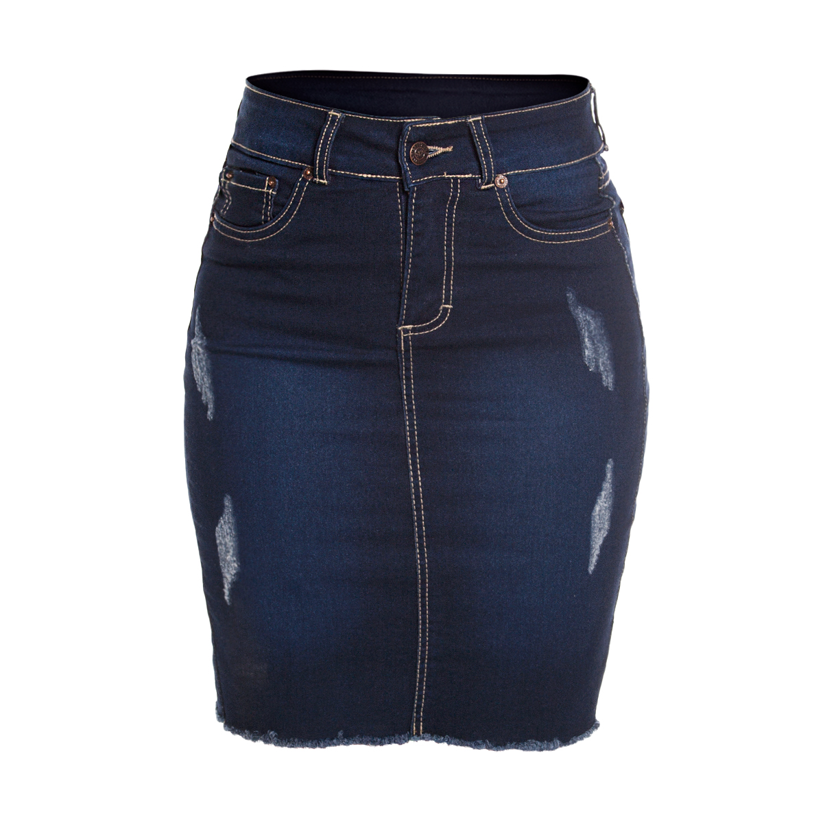 Foto 2 pulgar | Falda De Mezclilla Stretch Para Mujer A La Rodilla 3/4 Detalles De Desgastado Pineda Jeans Azul Oscuro