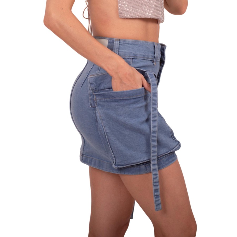 Foto 3 pulgar | Mini Falda De Mezclilla Para Mujer Con Bolsas Tipo Cargo Cintura Alta Pineda Jeans Azul Bleanch