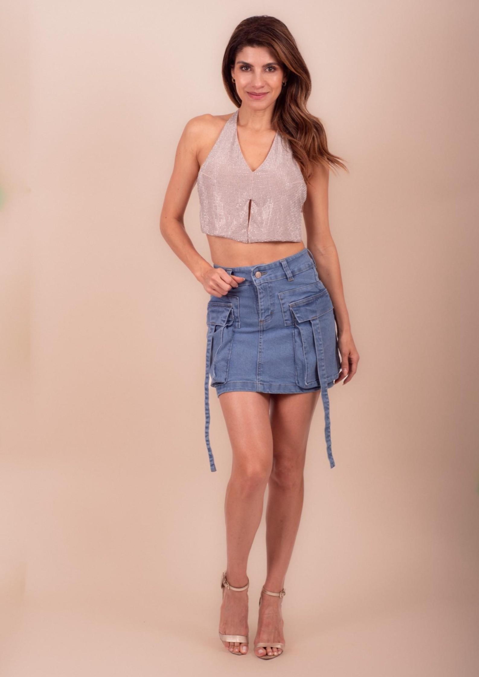 Foto 5 pulgar | Mini Falda De Mezclilla Para Mujer Con Bolsas Tipo Cargo Cintura Alta Pineda Jeans Azul Bleanch