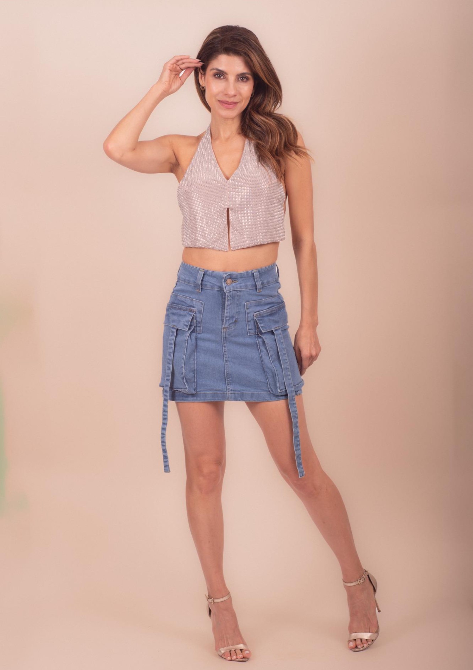 Foto 6 pulgar | Mini Falda De Mezclilla Para Mujer Con Bolsas Tipo Cargo Cintura Alta Pineda Jeans Azul Bleanch
