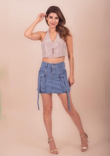 Foto 5 | Mini Falda De Mezclilla Para Mujer Con Bolsas Tipo Cargo Cintura Alta Pineda Jeans Azul Bleanch