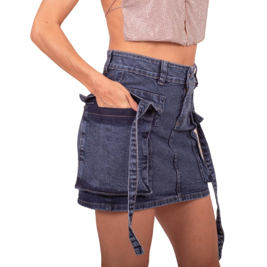 Foto 3 pulgar | Mini Falda De Mezclilla Para Mujer Con Bolsas Tipo Cargo Cintura Alta Pineda Jeans Azul Deslavado