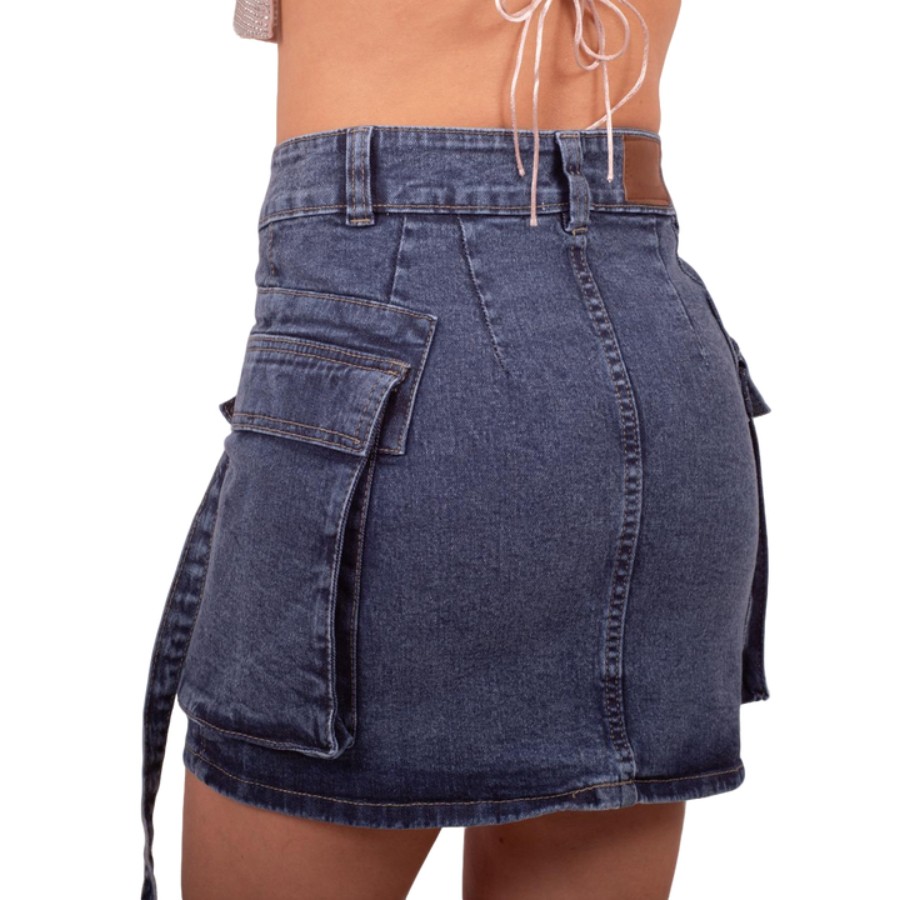 Foto 4 pulgar | Mini Falda De Mezclilla Para Mujer Con Bolsas Tipo Cargo Cintura Alta Pineda Jeans Azul Deslavado