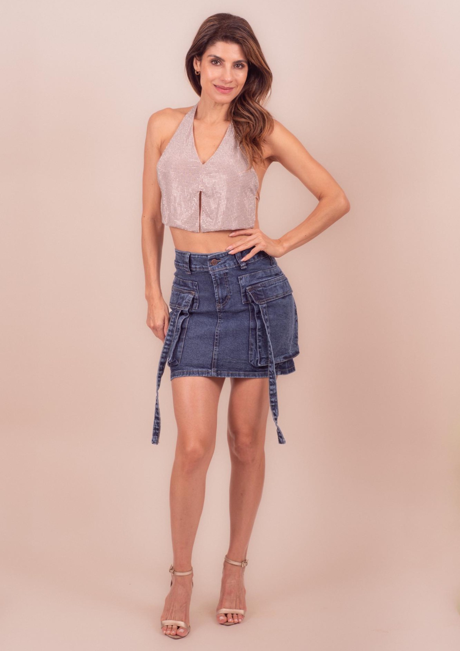 Foto 6 pulgar | Mini Falda De Mezclilla Para Mujer Con Bolsas Tipo Cargo Cintura Alta Pineda Jeans Azul Deslavado