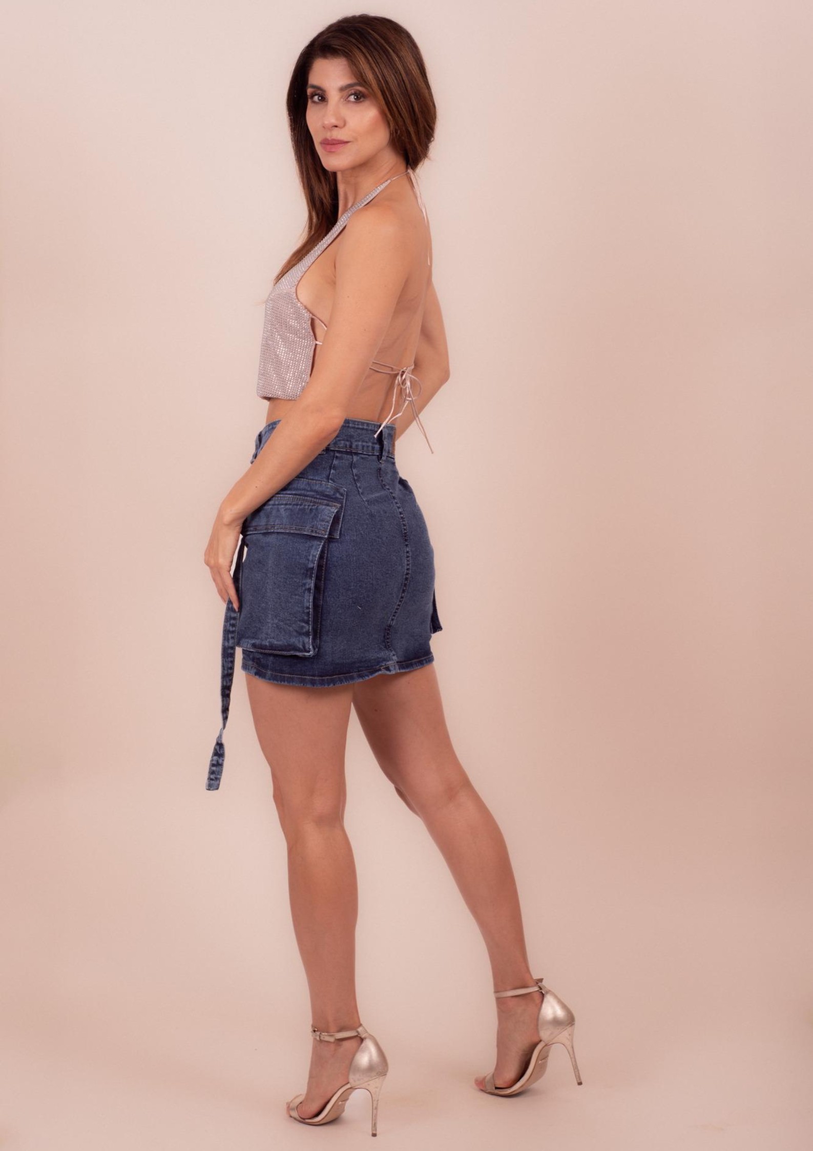 Foto 7 | Mini Falda De Mezclilla Para Mujer Con Bolsas Tipo Cargo Cintura Alta Pineda Jeans Azul Deslavado