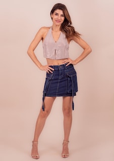 Foto 4 | Mini Falda De Mezclilla Para Mujer Con Bolsas Tipo Cargo Cintura Alta Pineda Jeans Azul Stone