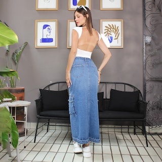 Foto 4 | Maxifalda Mujer Tiro Alto Algodón Azul Medio