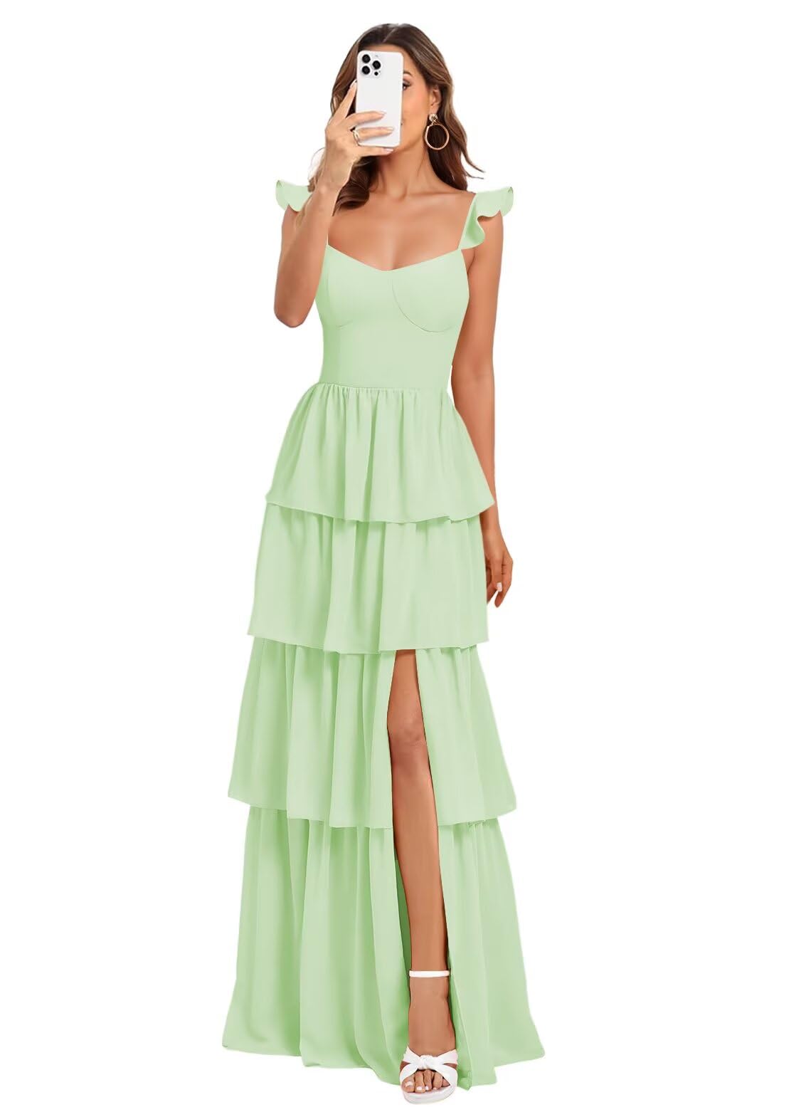 Foto 2 pulgar | Vestido De Fiesta Dessiny  De Gasa  Con Tirantes Finos Escalonados  De Color Verde Menta - Venta Internacional.