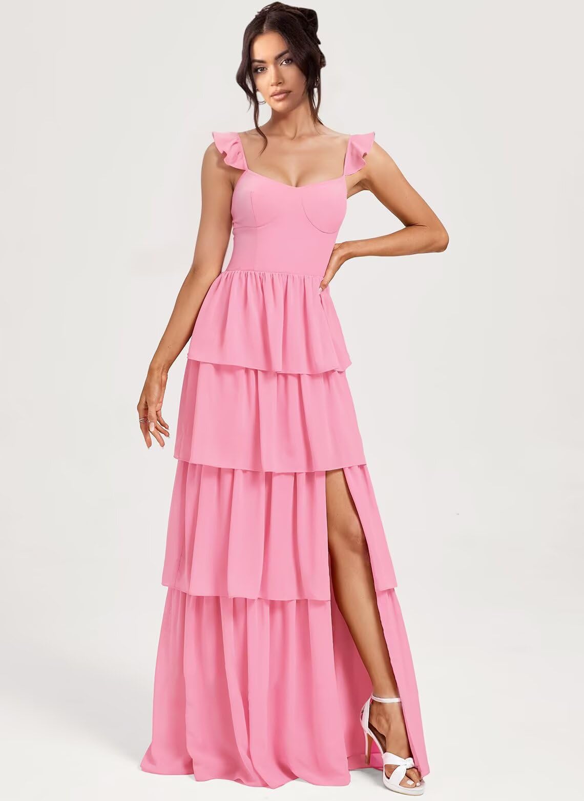 Foto 4 pulgar | Vestido De Fiesta Dessiny  De Gasa  Con Tirantes Finos Escalonados  De Color Verde Menta - Venta Internacional.