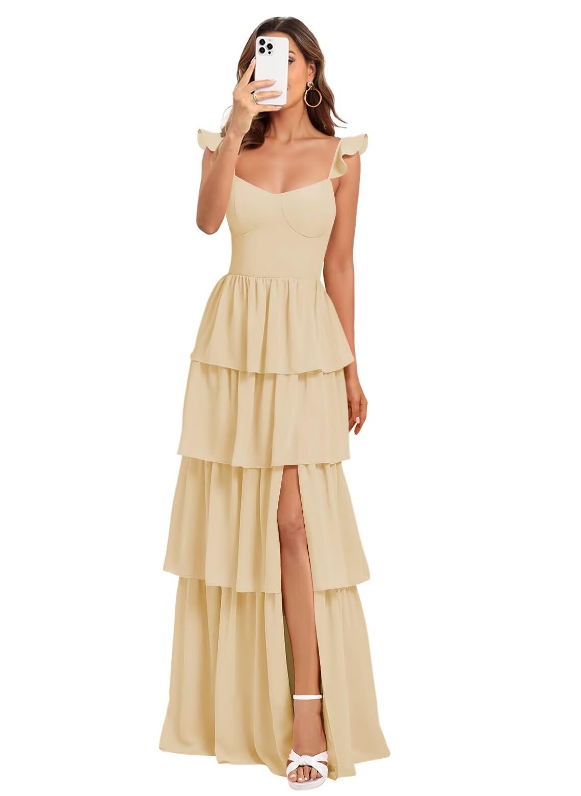 Foto 2 pulgar | Vestido De Fiesta Dessiny Champagne Chifon Tiered Spaghetti Us12 - Venta Internacional.