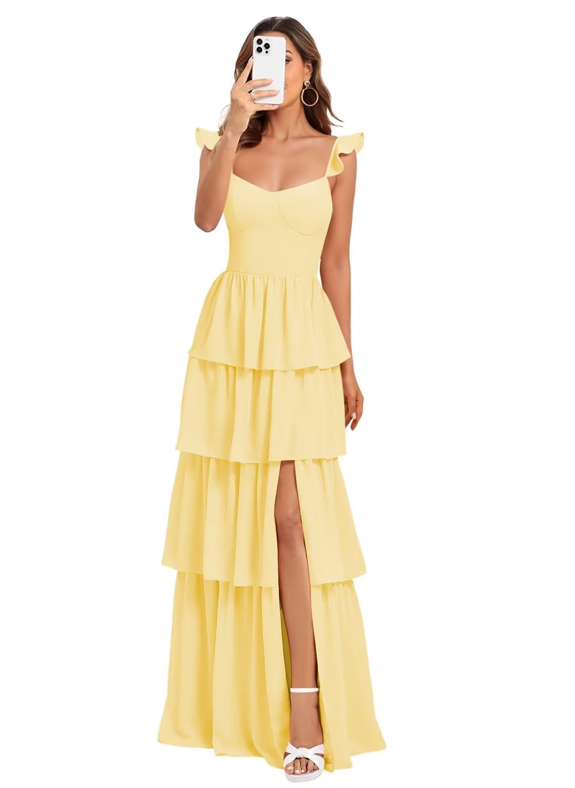 Foto 7 | Vestido De Fiesta Dessiny Champagne Chifon Tiered Spaghetti Us12 - Venta Internacional.