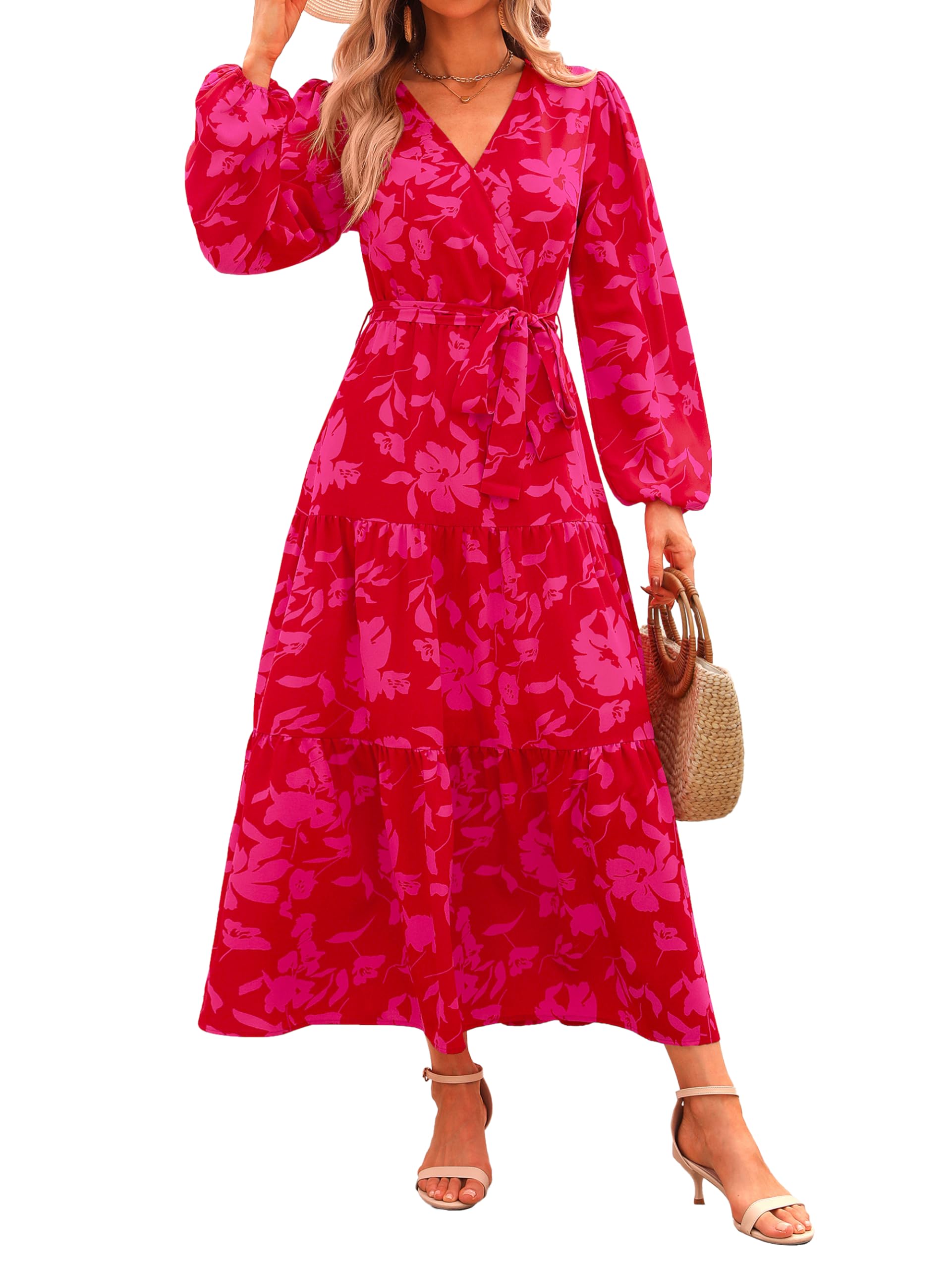 Foto 2 pulgar | Vestido Largo Prettygarden Para Mujer, Estampado Floral, Chifón, Color Rojo - Venta Internacional.