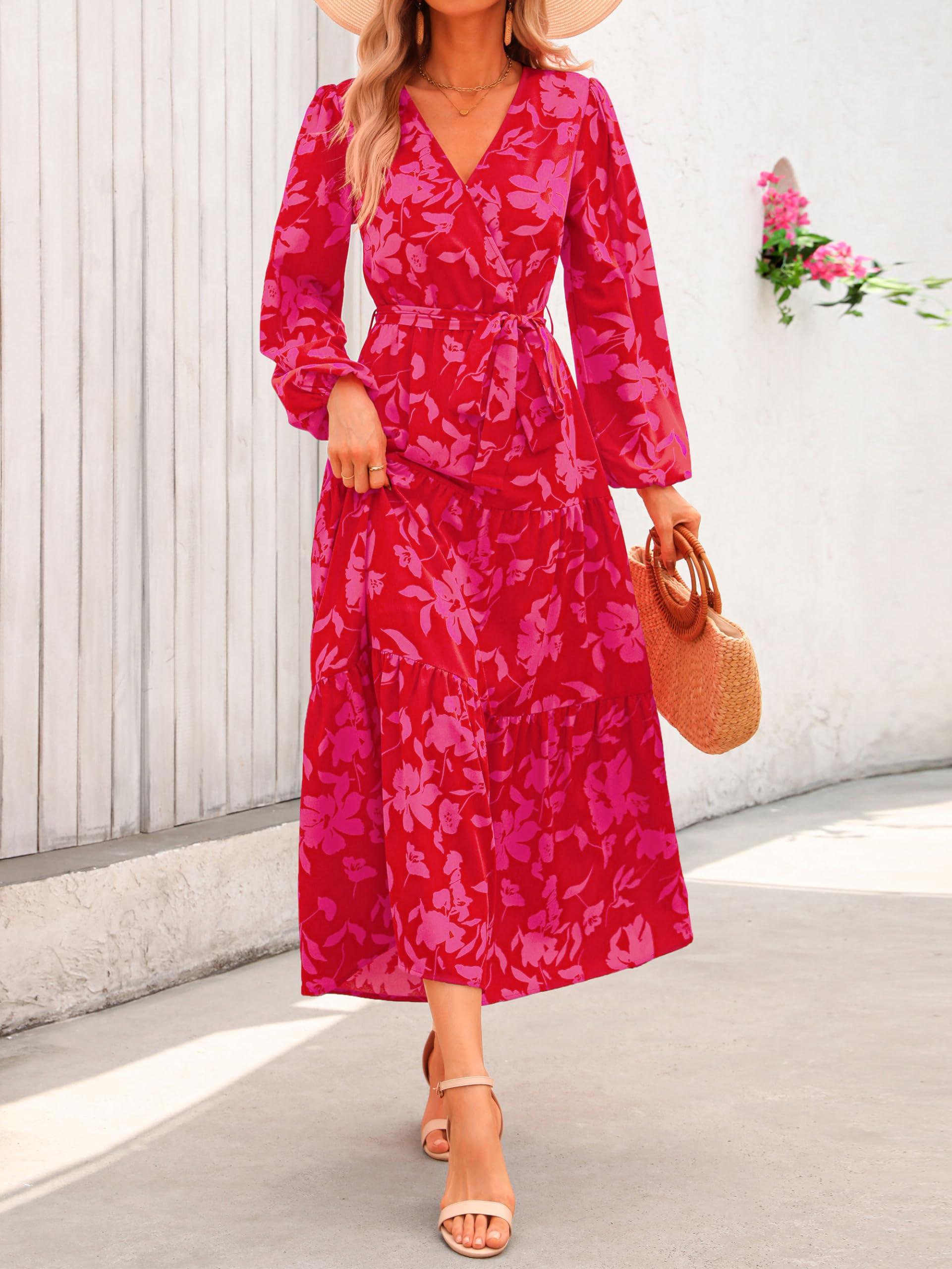 Foto 4 pulgar | Vestido Largo Prettygarden Para Mujer, Estampado Floral, Chifón, Color Rojo - Venta Internacional.