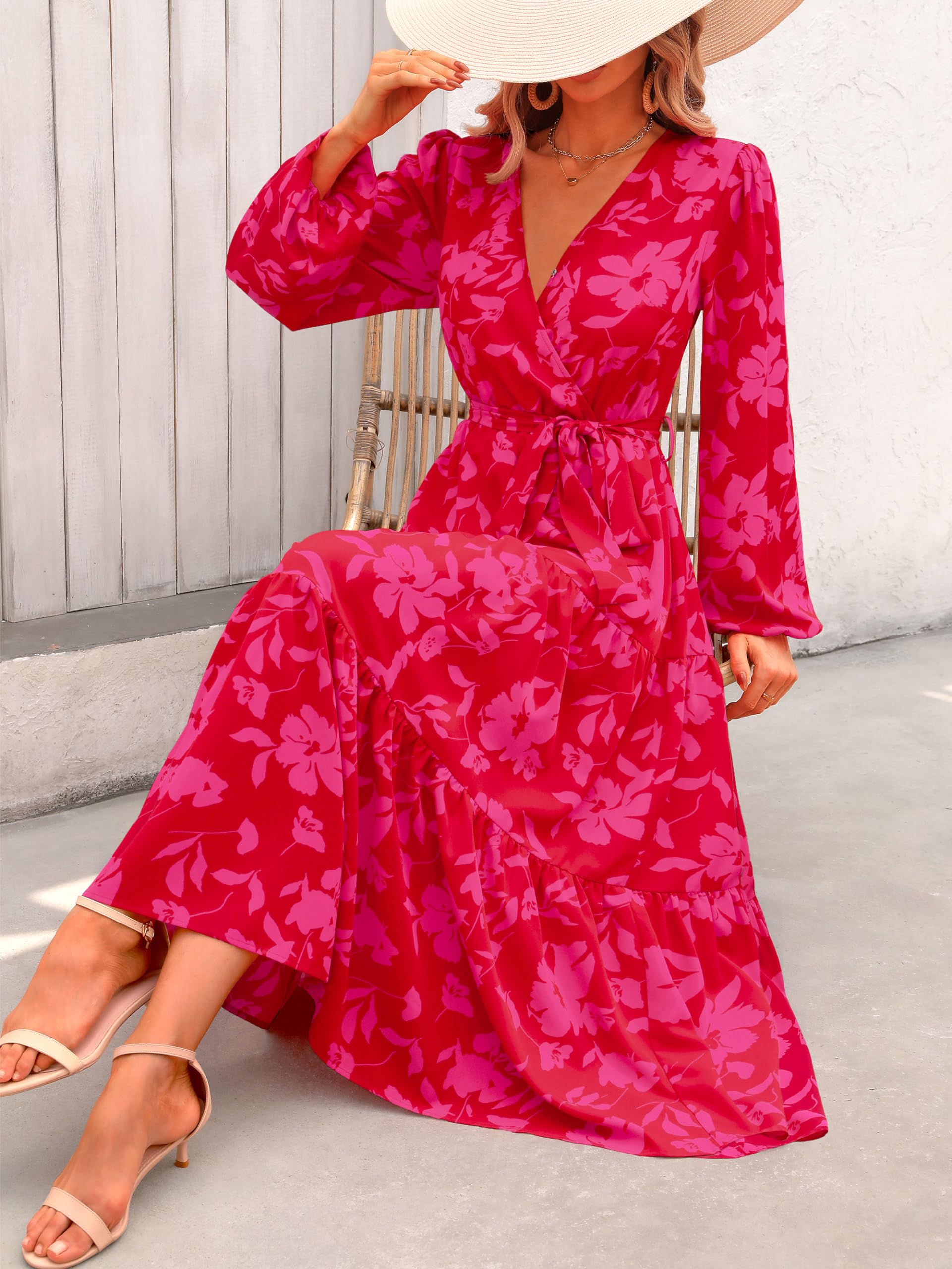 Foto 6 pulgar | Vestido Largo Prettygarden Para Mujer, Estampado Floral, Chifón, Color Rojo - Venta Internacional.