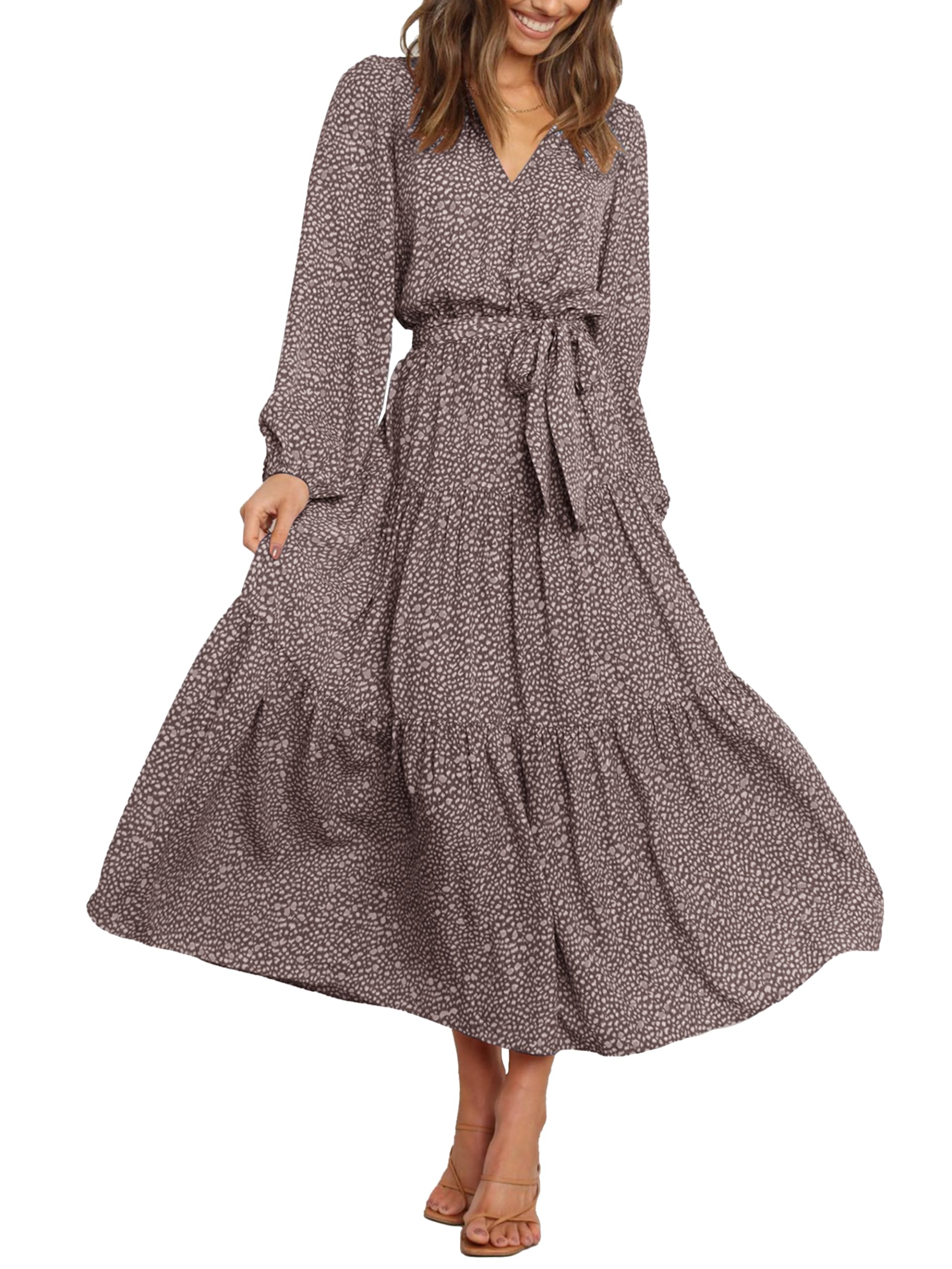 Vestido Largo Prettygarden Para Mujer, Estampado Floral, Manga Larga, Marrón - Venta Internacional.