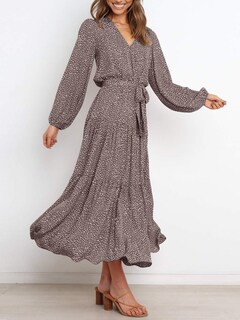 Foto 2 | Vestido Largo Prettygarden Para Mujer, Estampado Floral, Manga Larga, Marrón - Venta Internacional.