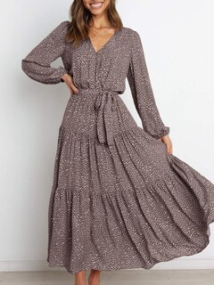 Foto 3 | Vestido Largo Prettygarden Para Mujer, Estampado Floral, Manga Larga, Marrón - Venta Internacional.