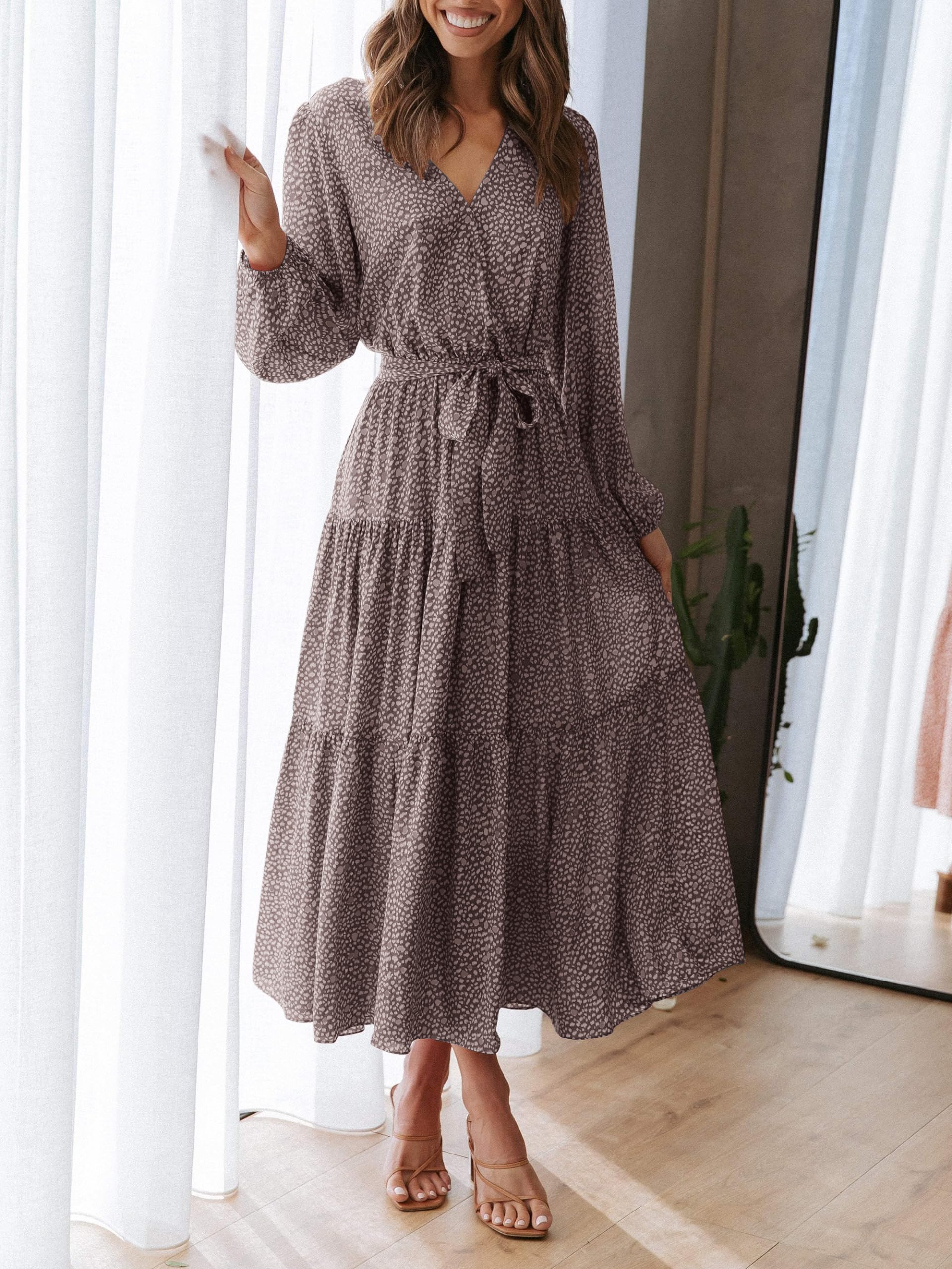 Foto 4 | Vestido Largo Prettygarden Para Mujer, Estampado Floral, Manga Larga, Marrón - Venta Internacional.
