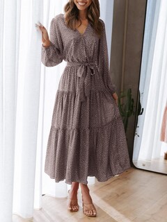Foto 4 | Vestido Largo Prettygarden Para Mujer, Estampado Floral, Manga Larga, Marrón - Venta Internacional.