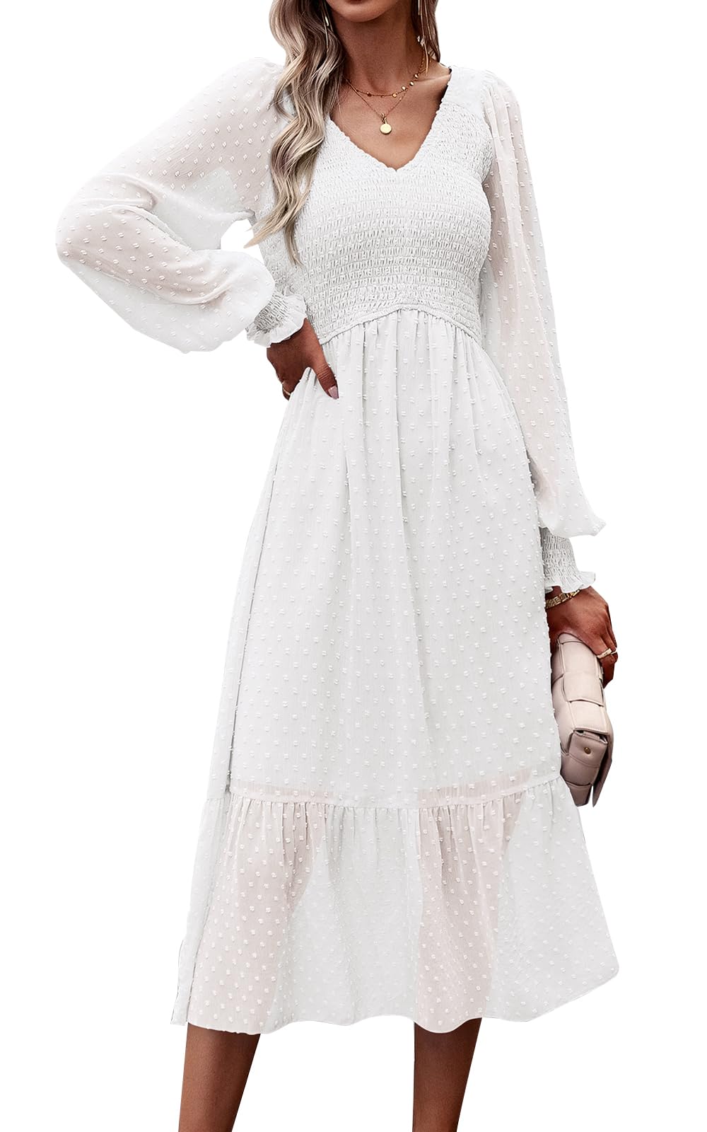 Foto 2 pulgar | Vestido Prettygarden Con Cuello En V Fruncido Y Volantes De Lunares Suizos, Midi Blanco - Venta Internacional.
