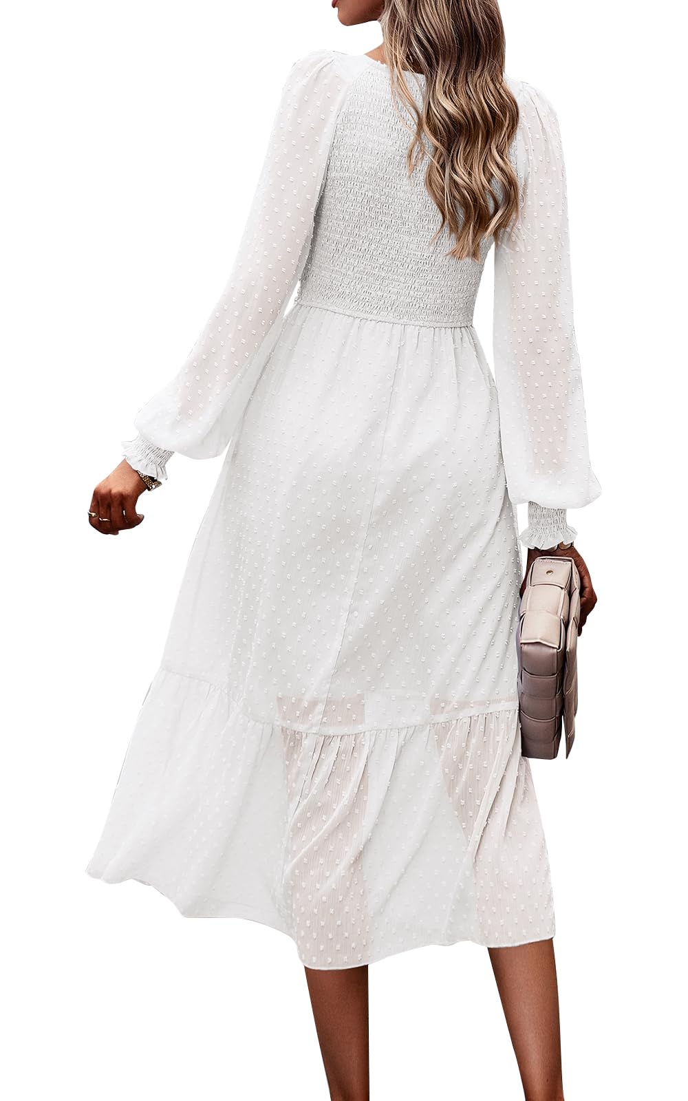 Foto 2 | Vestido Prettygarden Con Cuello En V Fruncido Y Volantes De Lunares Suizos, Midi Blanco - Venta Internacional.
