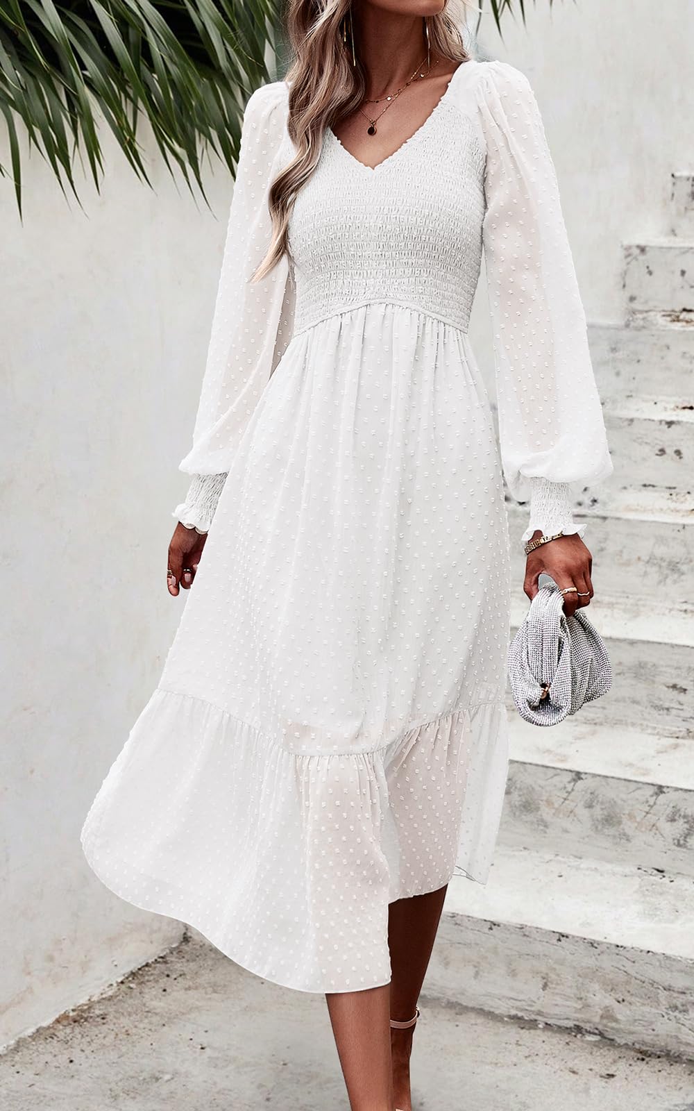 Foto 4 pulgar | Vestido Prettygarden Con Cuello En V Fruncido Y Volantes De Lunares Suizos, Midi Blanco - Venta Internacional.