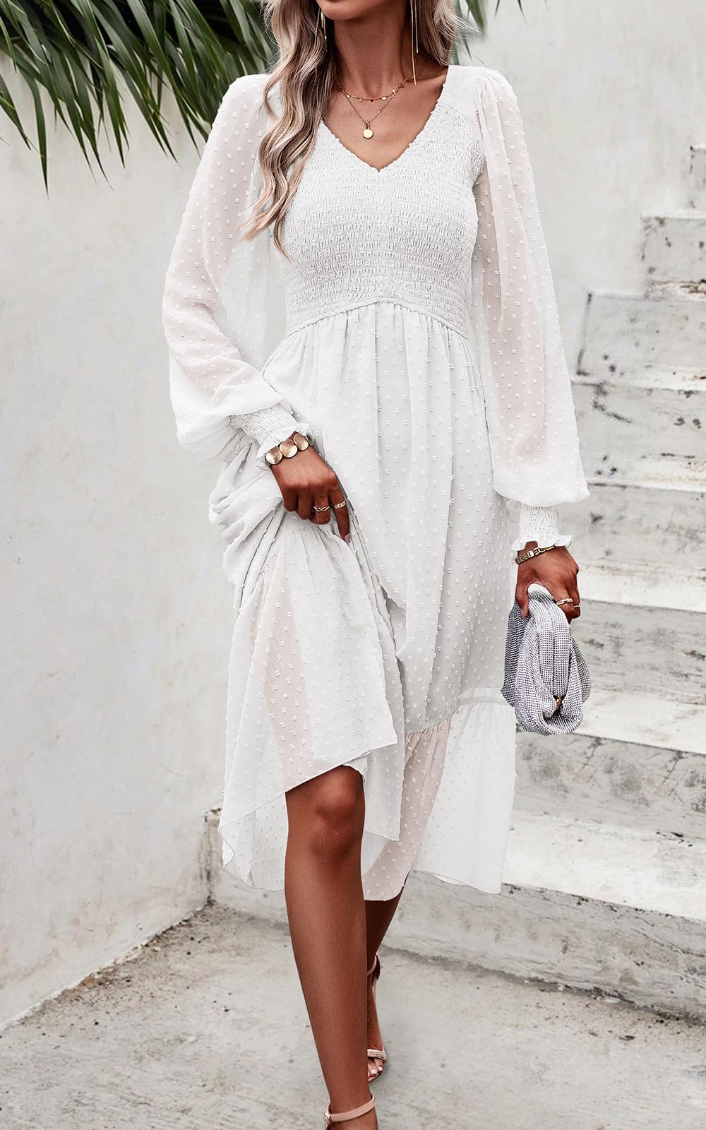 Foto 4 | Vestido Prettygarden Con Cuello En V Fruncido Y Volantes De Lunares Suizos, Midi Blanco - Venta Internacional.
