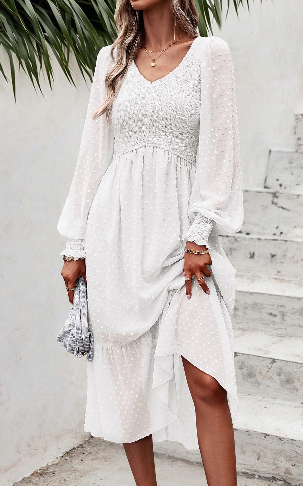 Foto 6 pulgar | Vestido Prettygarden Con Cuello En V Fruncido Y Volantes De Lunares Suizos, Midi Blanco - Venta Internacional.