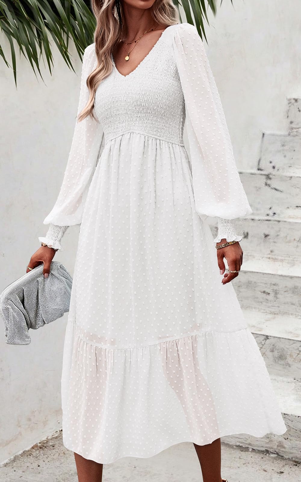 Foto 6 | Vestido Prettygarden Con Cuello En V Fruncido Y Volantes De Lunares Suizos, Midi Blanco - Venta Internacional.