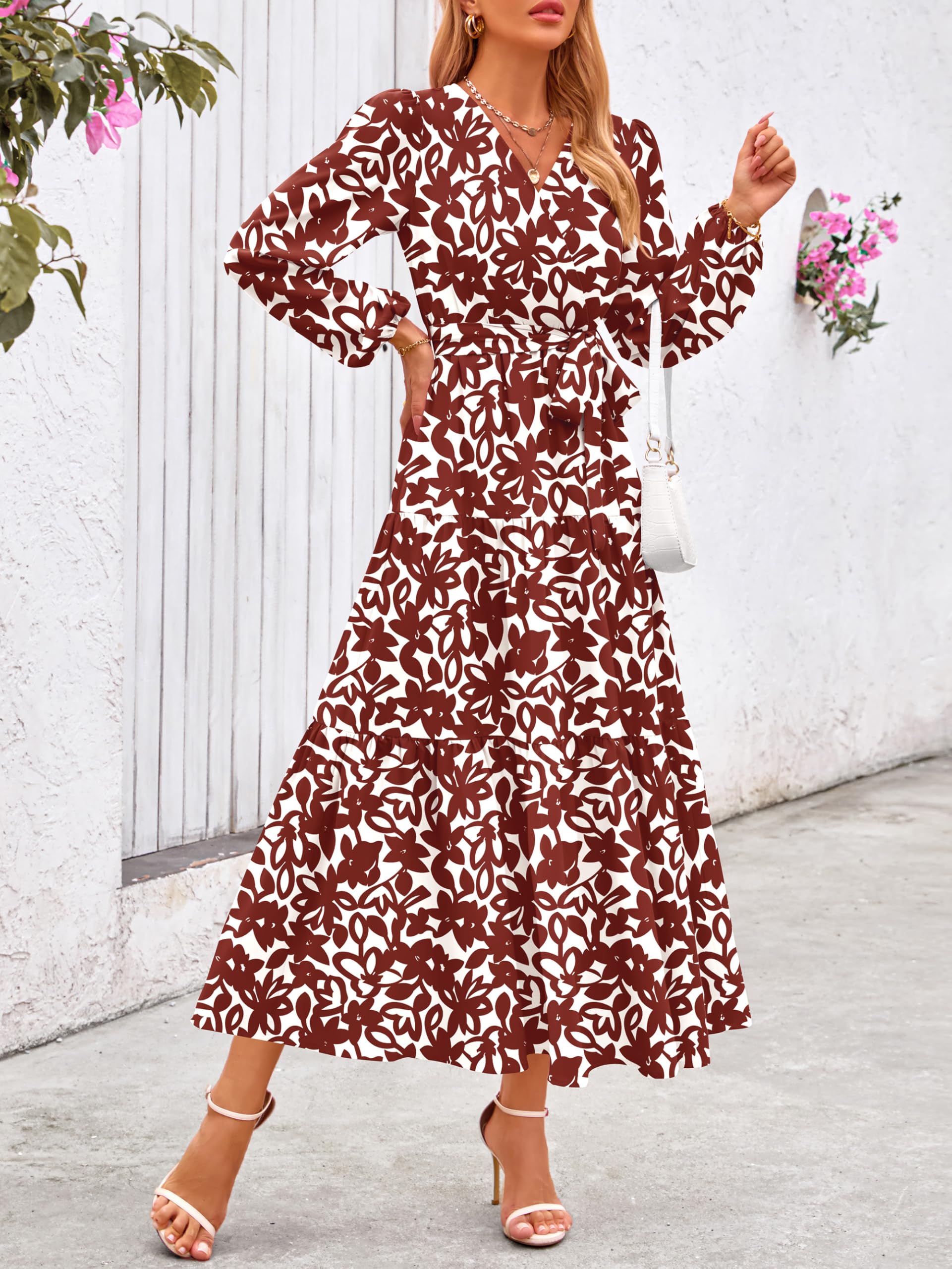 Foto 4 pulgar | Vestido Largo Prettygarden Floral De Manga Larga Con Cuello En V Para Mujer - Venta Internacional.