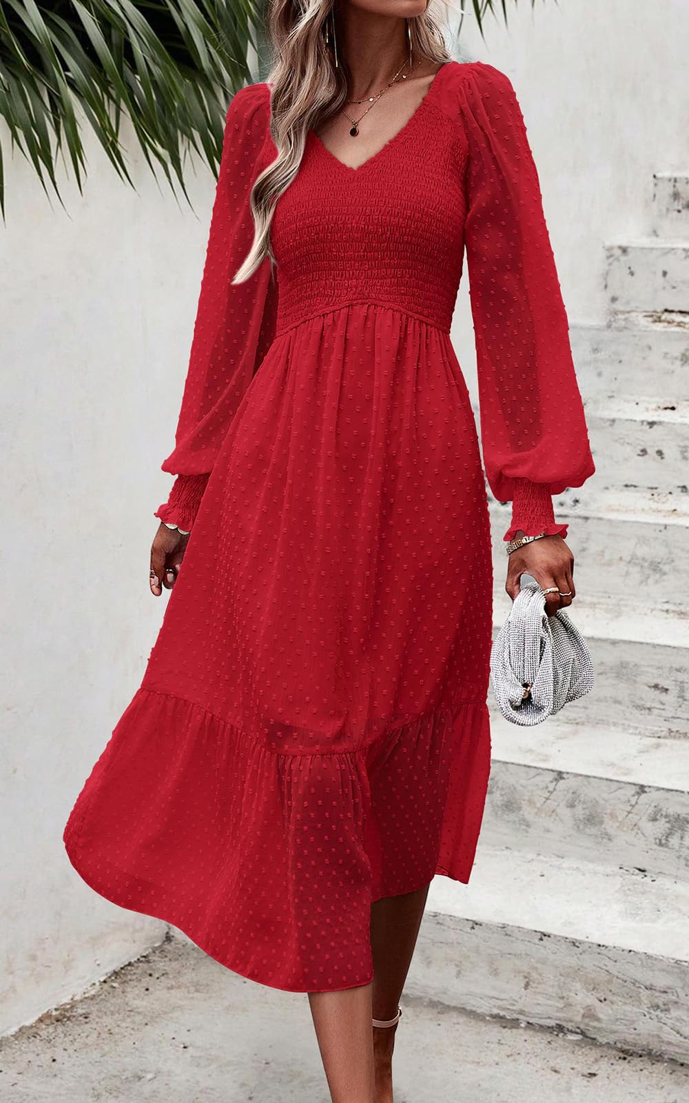 Foto 4 pulgar | Vestido Prettygarden De Chifón Rojo Primaveral Con Cuello En V Y Cuello En V Para Mujer - Venta Internacional.
