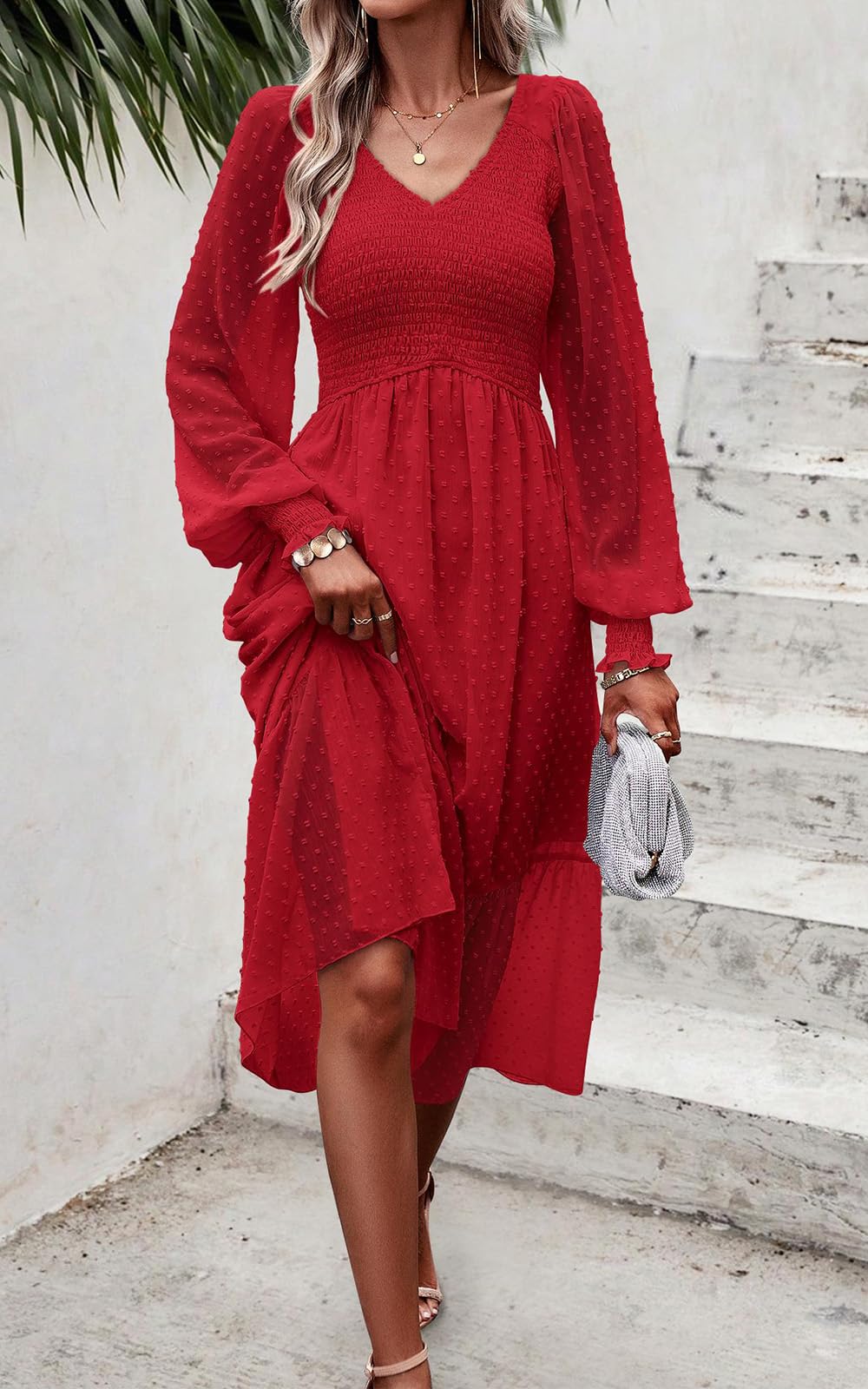 Foto 5 pulgar | Vestido Prettygarden De Chifón Rojo Primaveral Con Cuello En V Y Cuello En V Para Mujer - Venta Internacional.