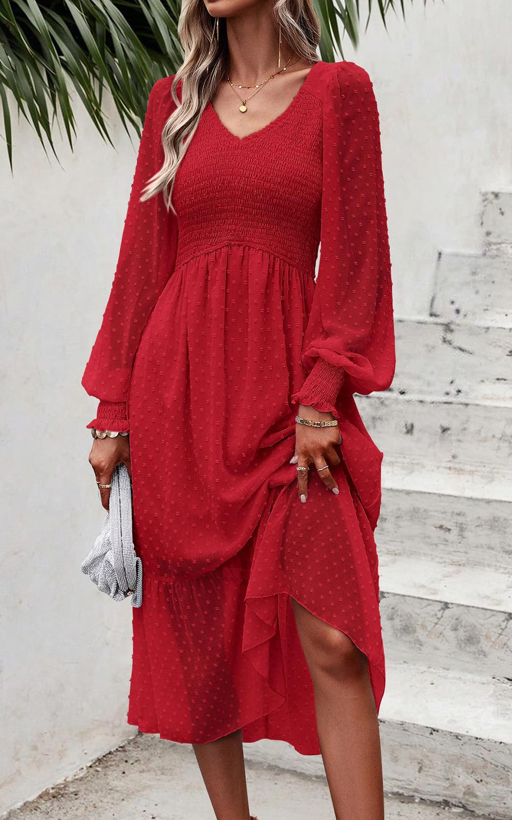 Foto 5 | Vestido Prettygarden De Chifón Rojo Primaveral Con Cuello En V Y Cuello En V Para Mujer - Venta Internacional.