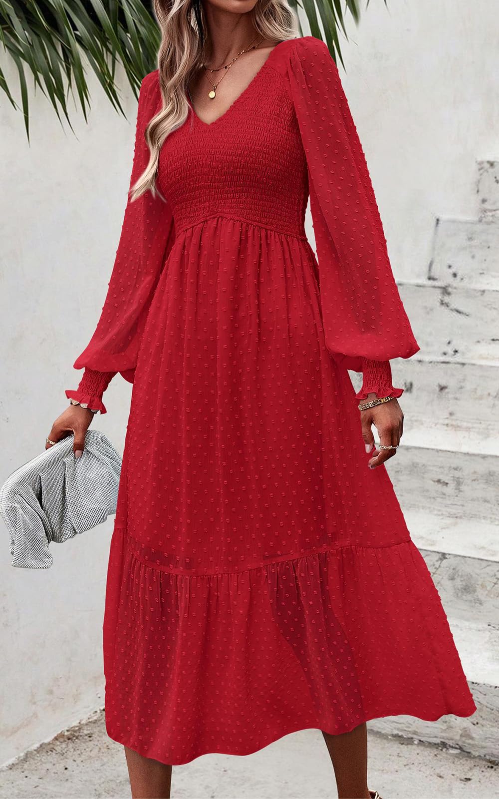 Foto 7 pulgar | Vestido Prettygarden De Chifón Rojo Primaveral Con Cuello En V Y Cuello En V Para Mujer - Venta Internacional.