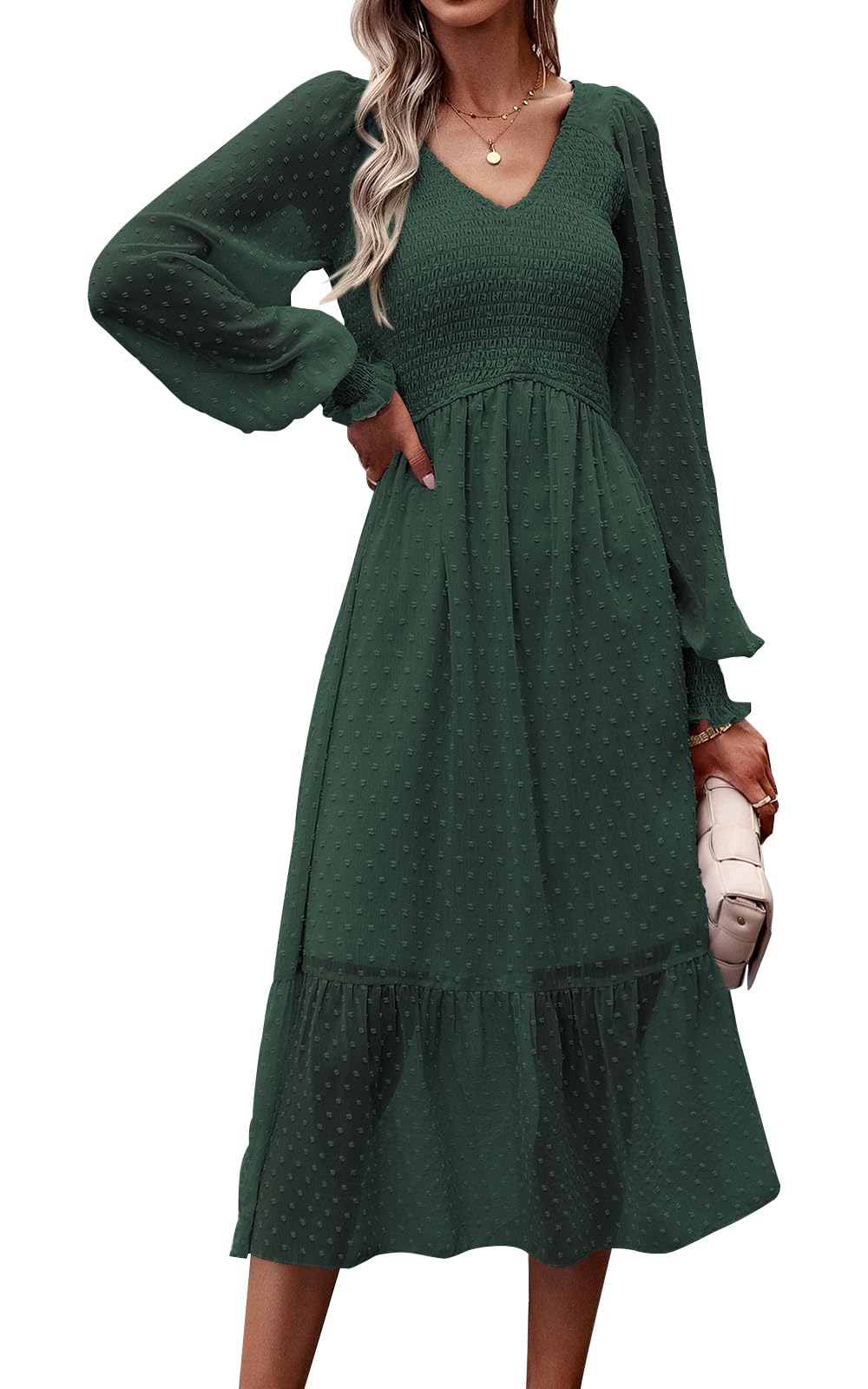 Foto 2 pulgar | Vestido Prettygarden Con Cuello En V Fruncido Y Volantes De Lunares Suizos, Verde Oscuro - Venta Internacional.