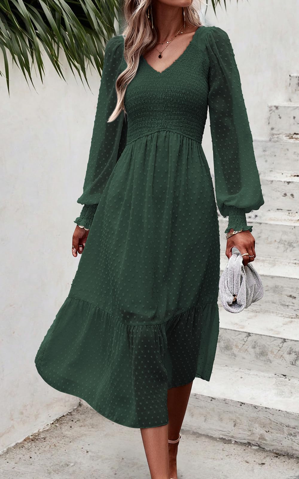 Foto 4 pulgar | Vestido Prettygarden Con Cuello En V Fruncido Y Volantes De Lunares Suizos, Verde Oscuro - Venta Internacional.