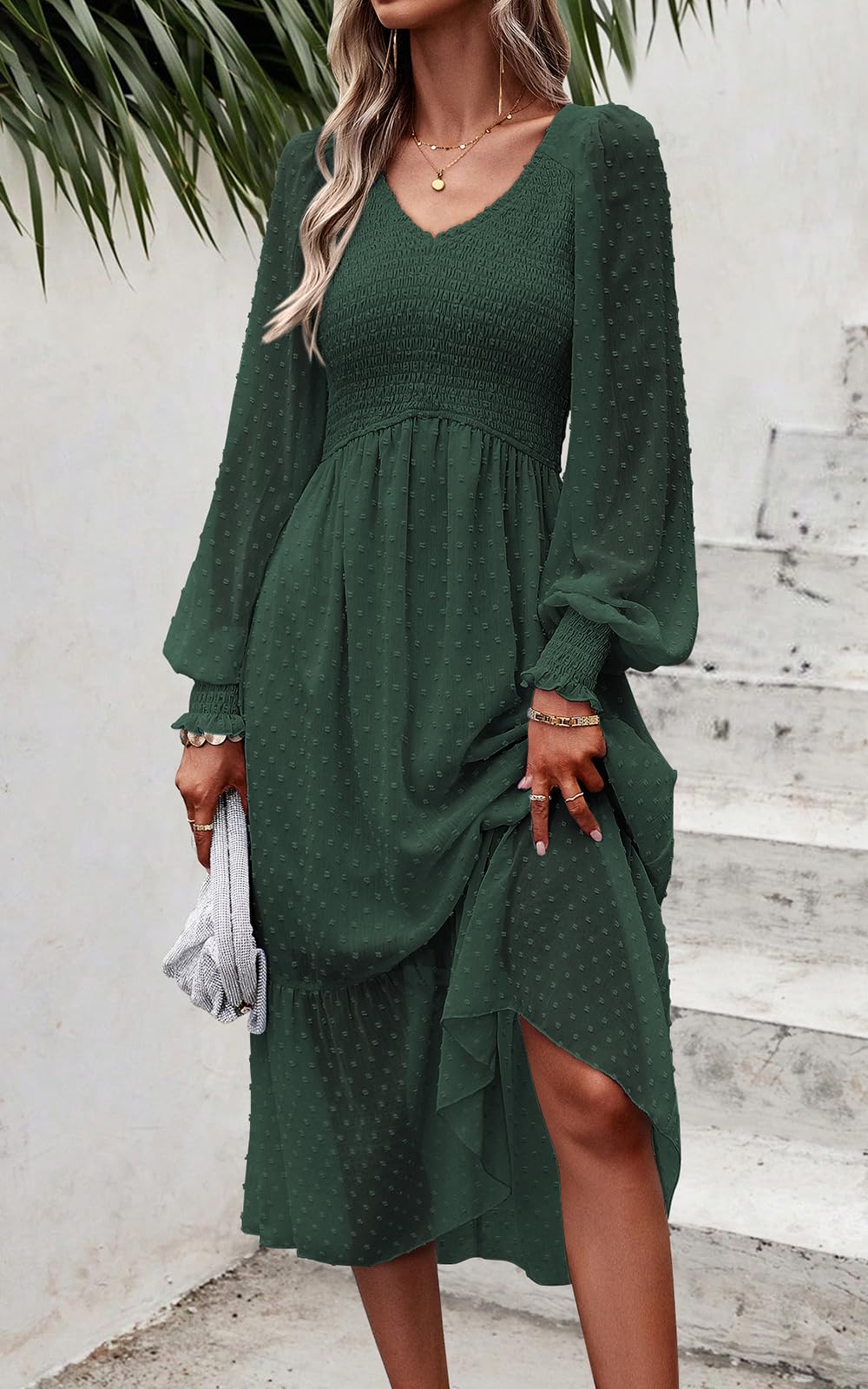 Foto 6 pulgar | Vestido Prettygarden Con Cuello En V Fruncido Y Volantes De Lunares Suizos, Verde Oscuro - Venta Internacional.
