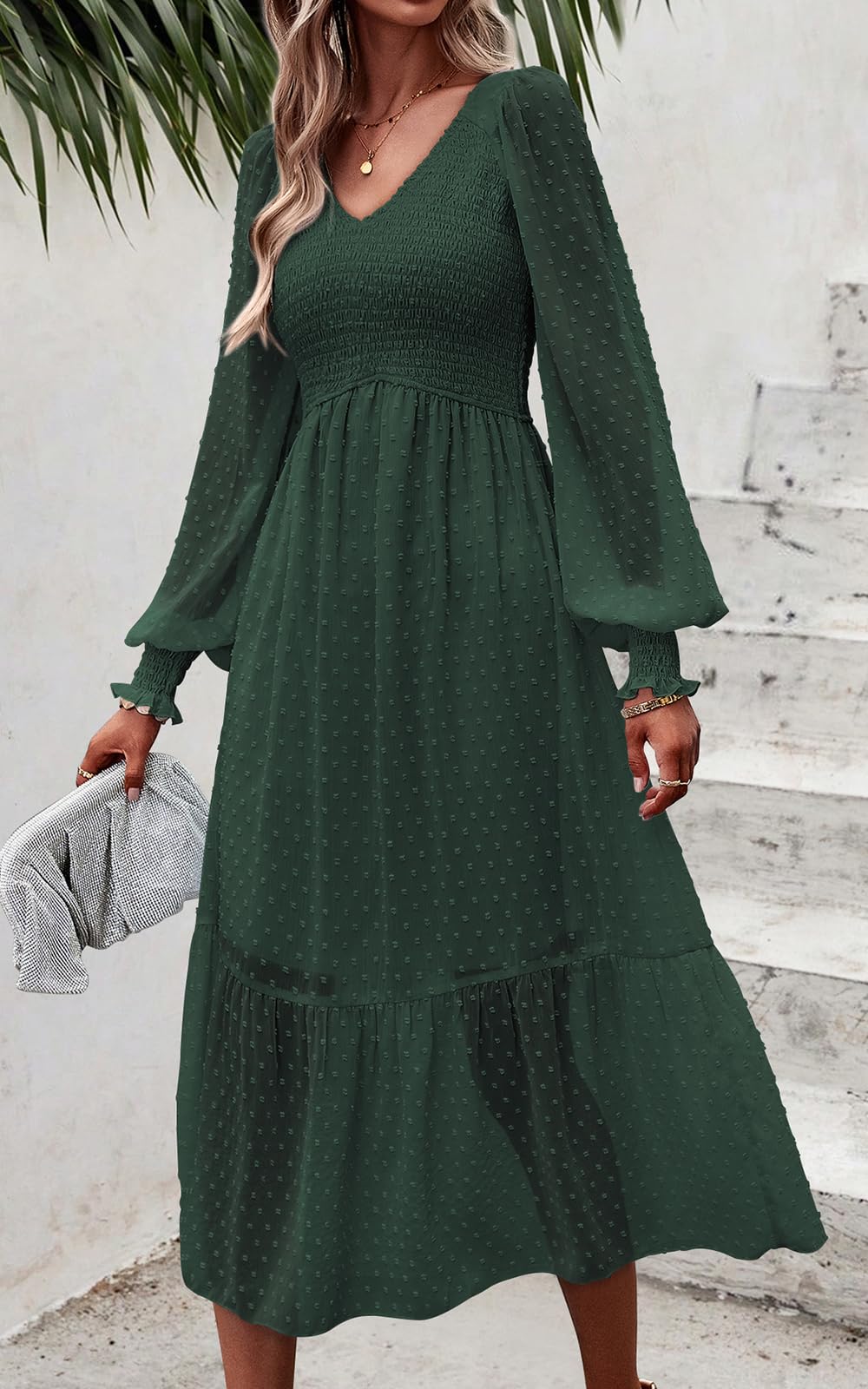 Foto 7 pulgar | Vestido Prettygarden Con Cuello En V Fruncido Y Volantes De Lunares Suizos, Verde Oscuro - Venta Internacional.