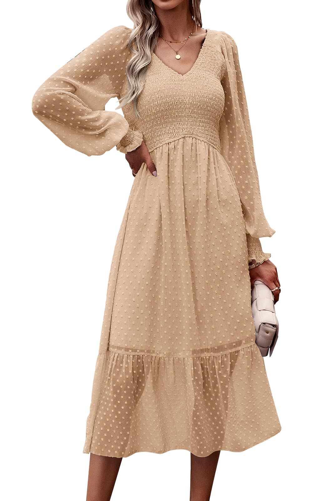 Foto 1 | Vestido Prettygarden Para Mujer Con Cuello En V Fruncido Y Volantes De Lunares Suizos - Venta Internacional.
