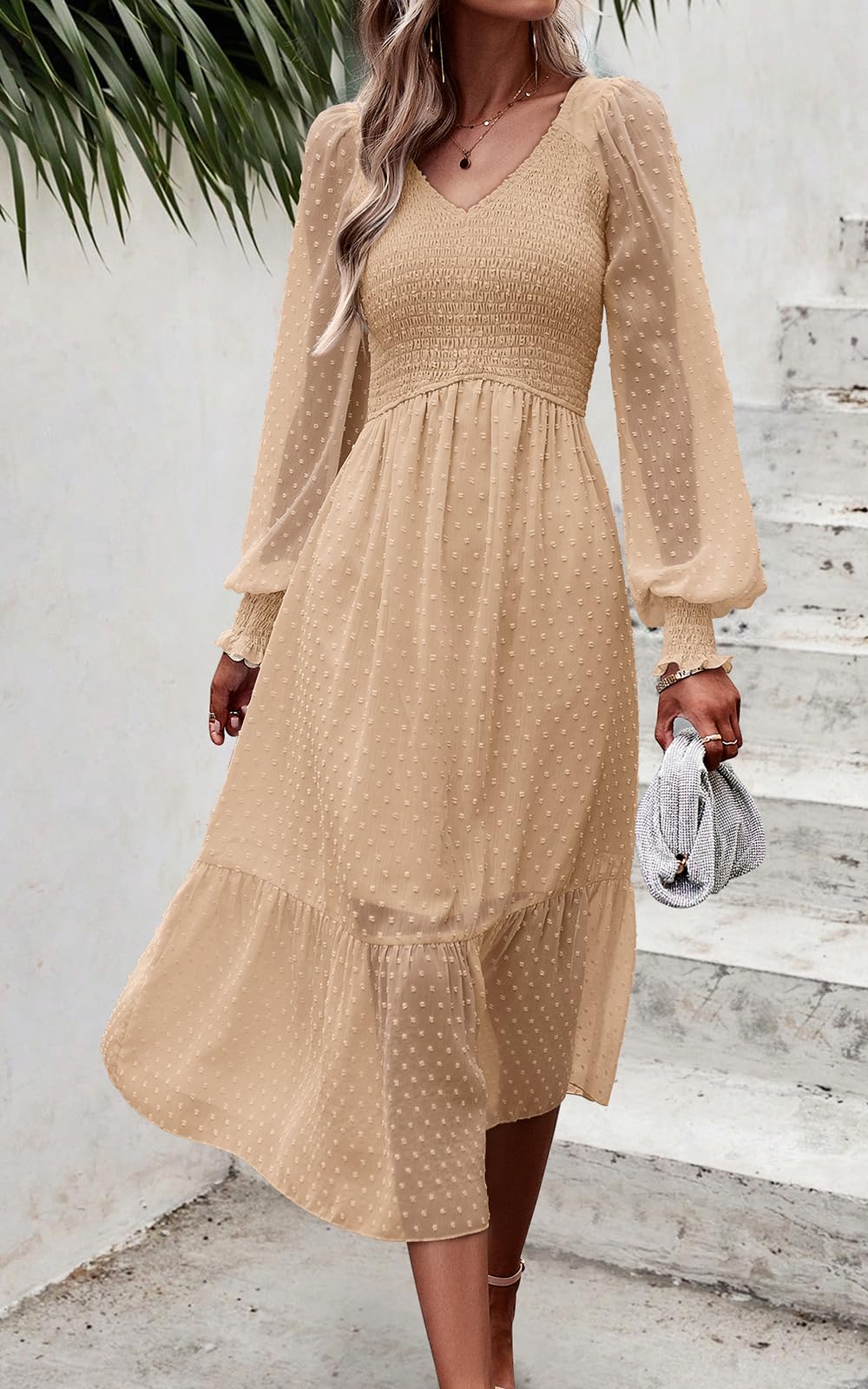 Foto 4 pulgar | Vestido Prettygarden Para Mujer Con Cuello En V Fruncido Y Volantes De Lunares Suizos - Venta Internacional.