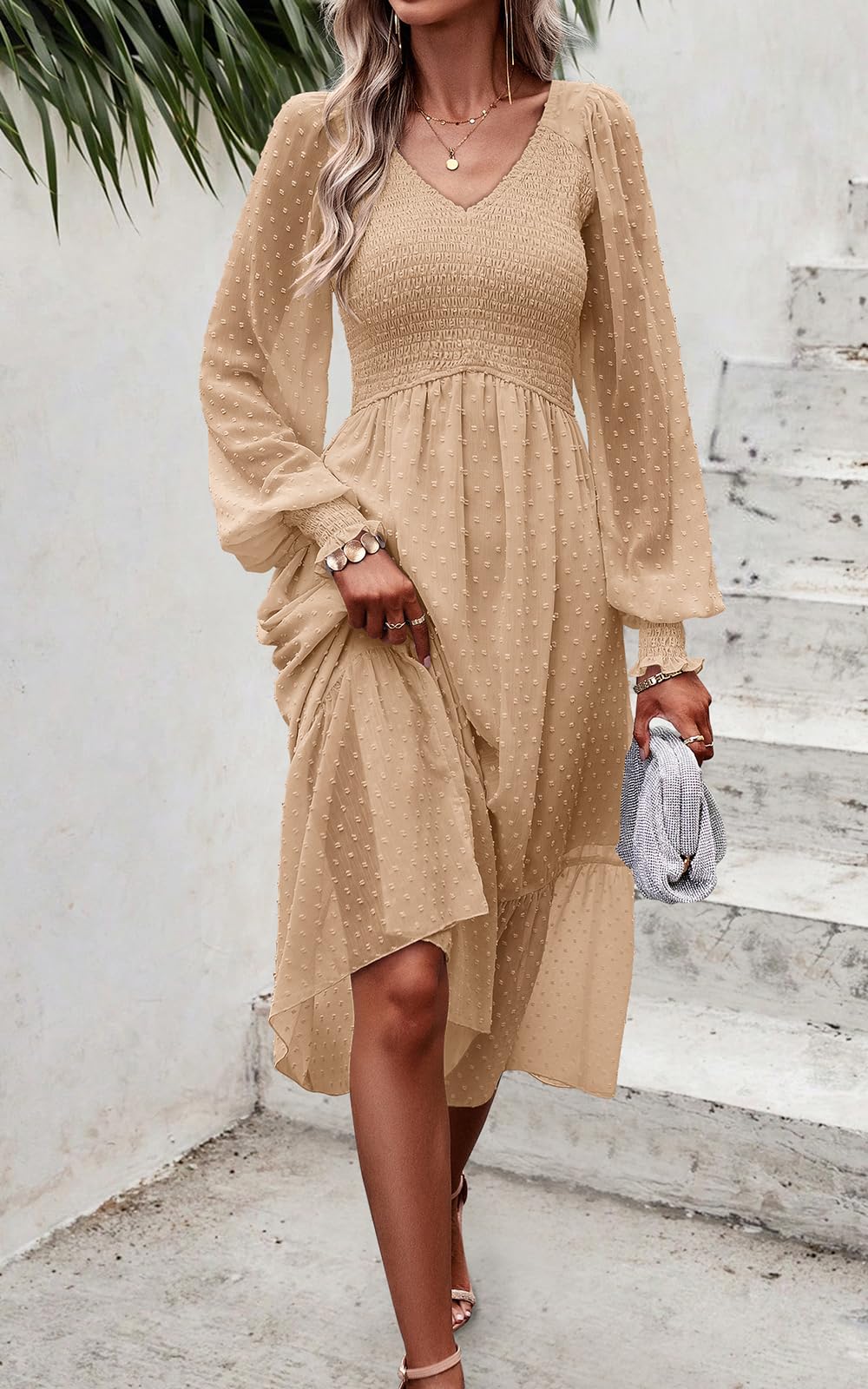 Foto 4 | Vestido Prettygarden Para Mujer Con Cuello En V Fruncido Y Volantes De Lunares Suizos - Venta Internacional.